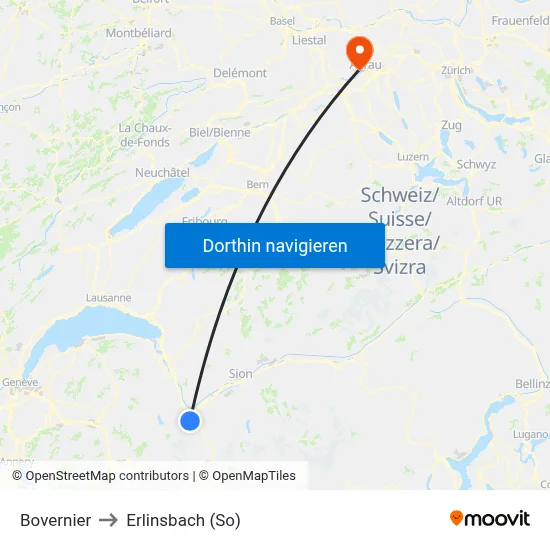 Bovernier to Erlinsbach (So) map