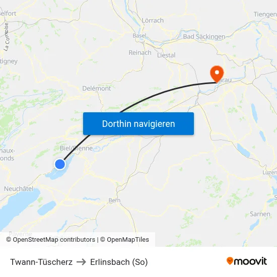 Twann-Tüscherz to Erlinsbach (So) map