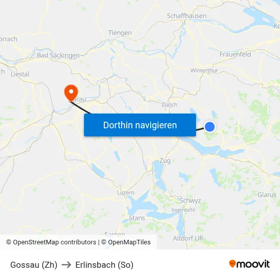 Gossau (Zh) to Erlinsbach (So) map