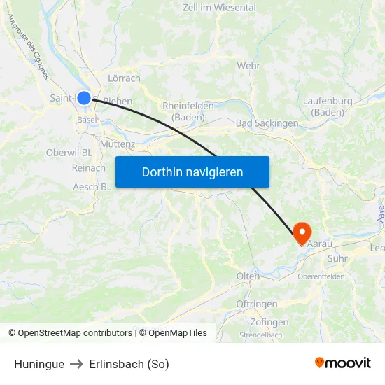 Huningue to Erlinsbach (So) map