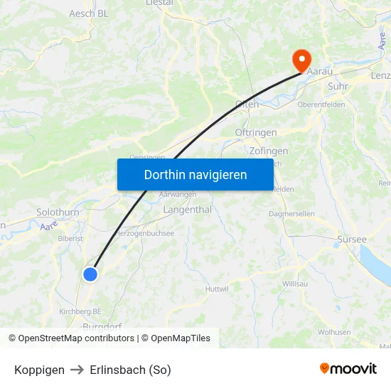 Koppigen to Erlinsbach (So) map