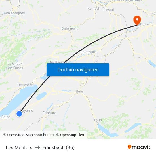 Les Montets to Erlinsbach (So) map
