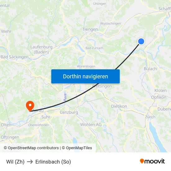 Wil (Zh) to Erlinsbach (So) map