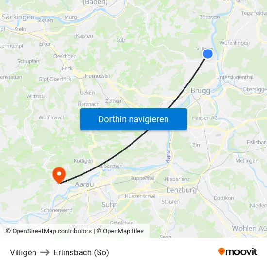 Villigen to Erlinsbach (So) map