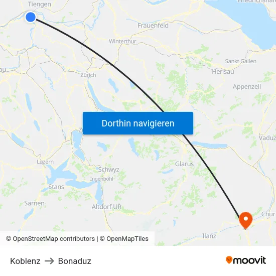Koblenz to Bonaduz map