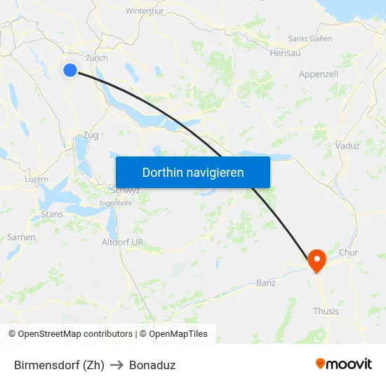 Birmensdorf (Zh) to Bonaduz map