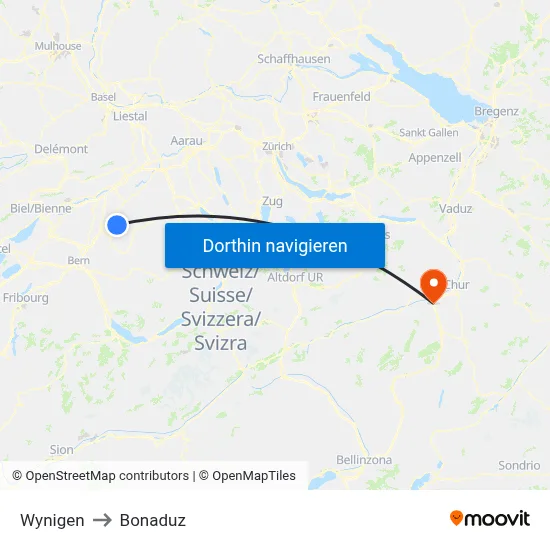 Wynigen to Bonaduz map