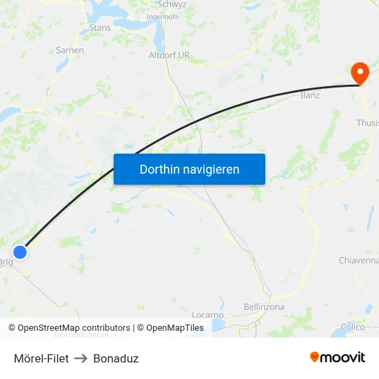 Mörel-Filet to Bonaduz map