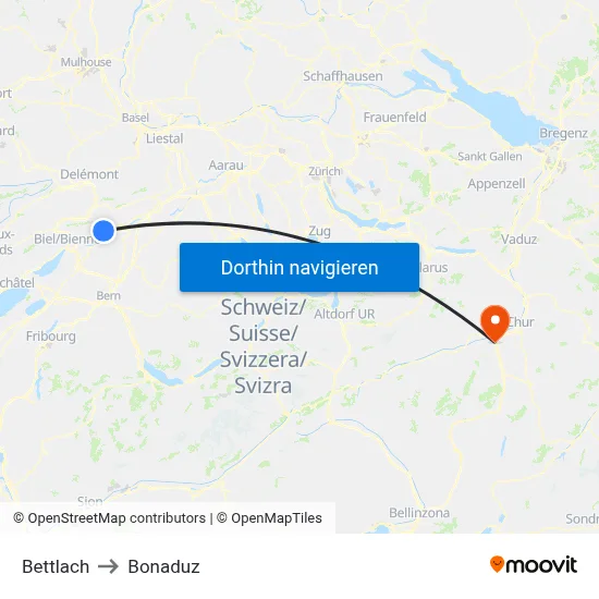 Bettlach to Bonaduz map