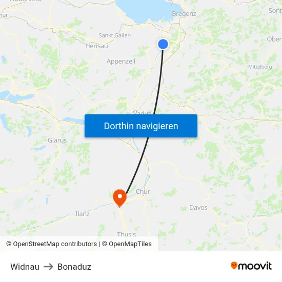 Widnau to Bonaduz map