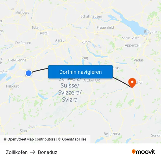 Zollikofen to Bonaduz map