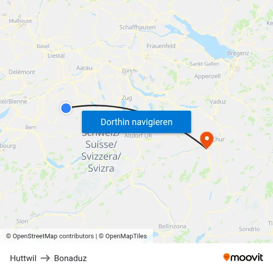 Huttwil to Bonaduz map