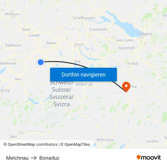 Melchnau to Bonaduz map