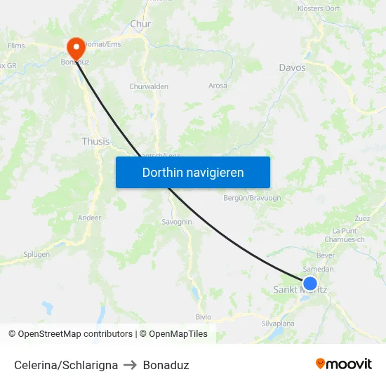 Celerina/Schlarigna to Bonaduz map