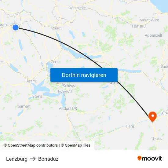 Lenzburg to Bonaduz map