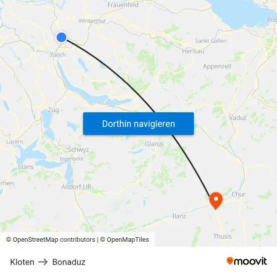 Kloten to Bonaduz map