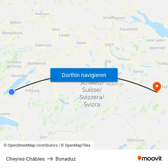 Cheyres-Châbles to Bonaduz map
