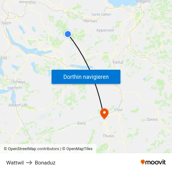 Wattwil to Bonaduz map
