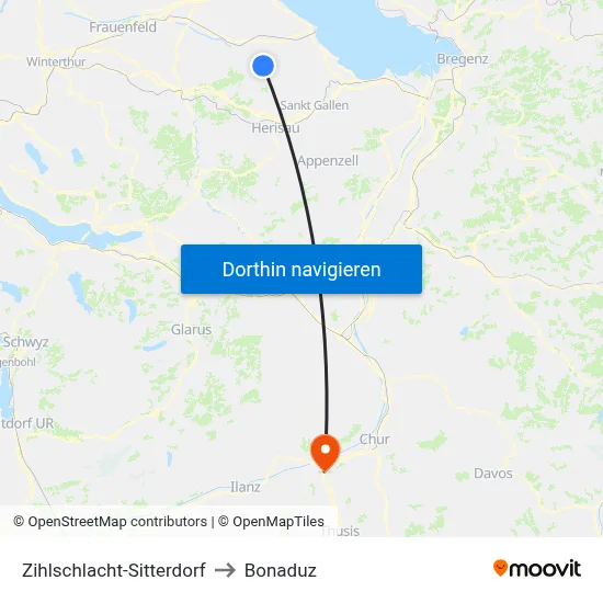 Zihlschlacht-Sitterdorf to Bonaduz map
