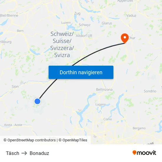 Täsch to Bonaduz map