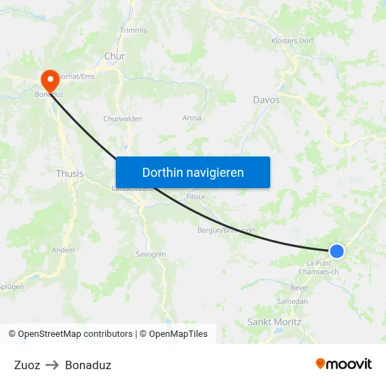 Zuoz to Bonaduz map