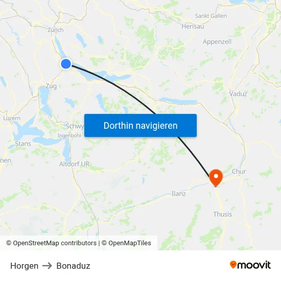 Horgen to Bonaduz map