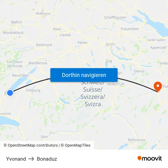 Yvonand to Bonaduz map
