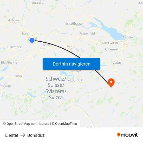 Liestal to Bonaduz map