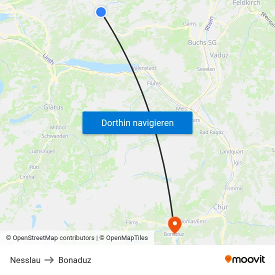 Nesslau to Bonaduz map