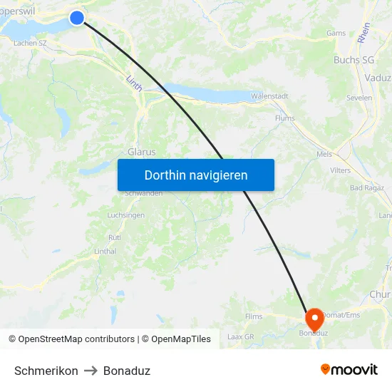 Schmerikon to Bonaduz map