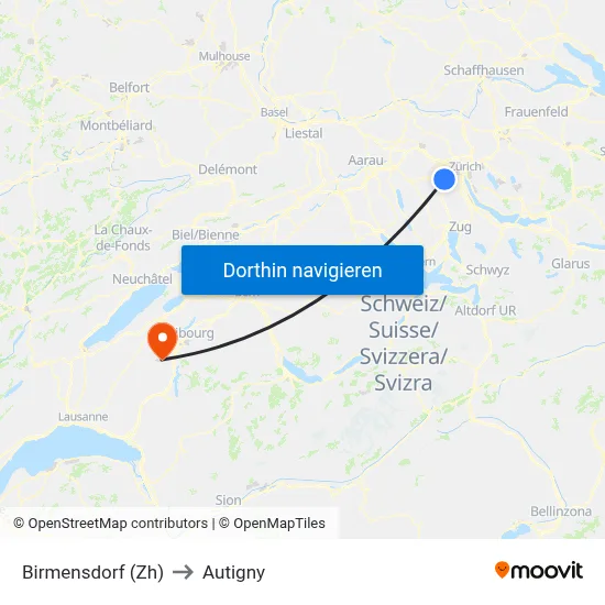 Birmensdorf (Zh) to Autigny map