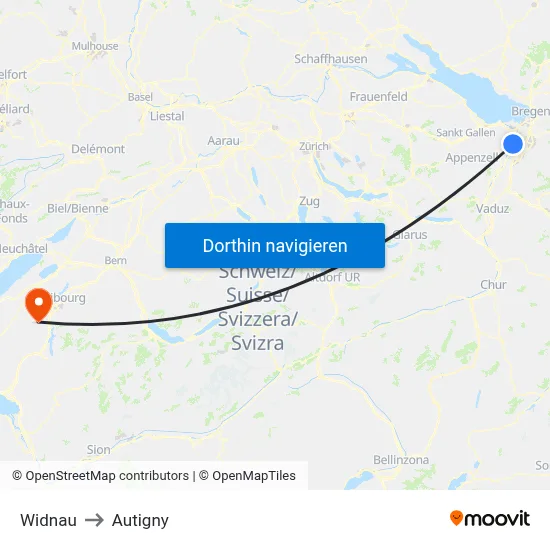 Widnau to Autigny map