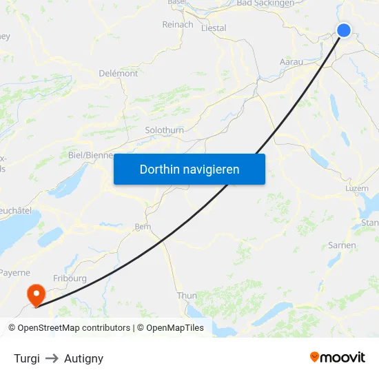 Turgi to Autigny map