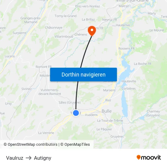 Vaulruz to Autigny map