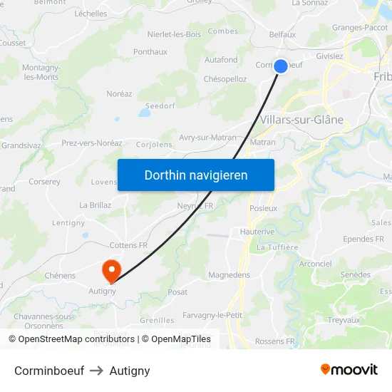 Corminboeuf to Autigny map