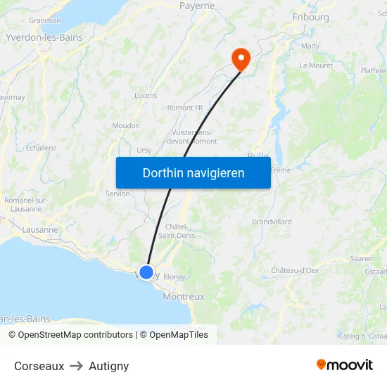 Corseaux to Autigny map