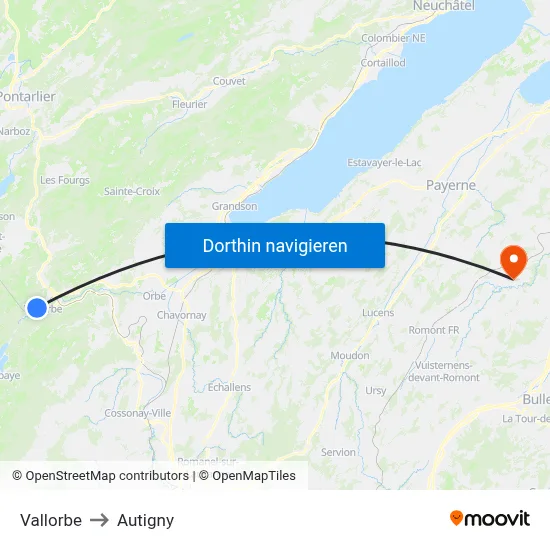 Vallorbe to Autigny map