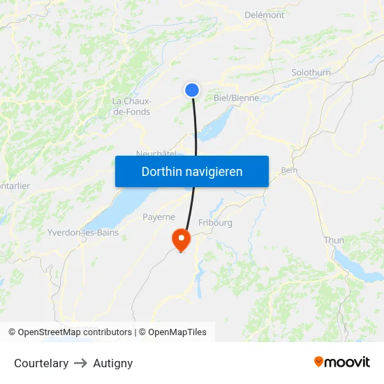 Courtelary to Autigny map