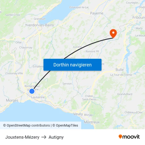 Jouxtens-Mézery to Autigny map