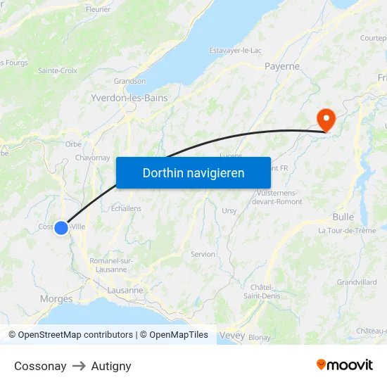 Cossonay to Autigny map