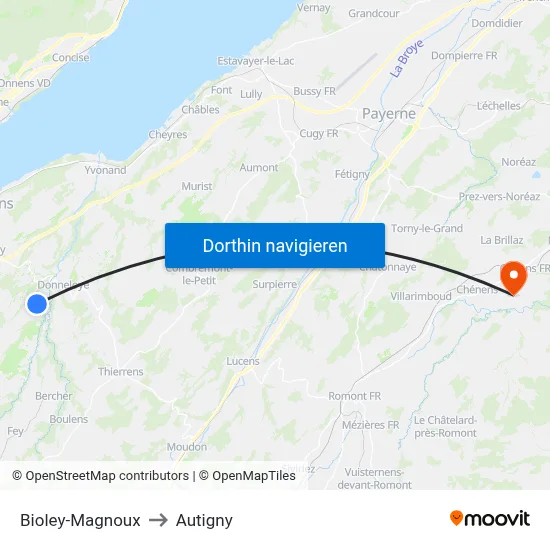 Bioley-Magnoux to Autigny map