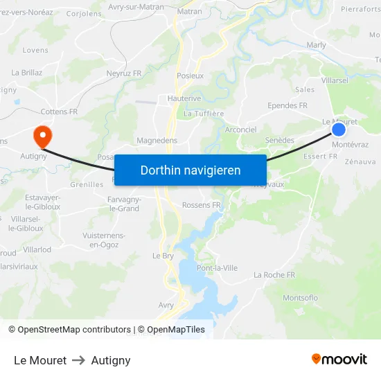 Le Mouret to Autigny map