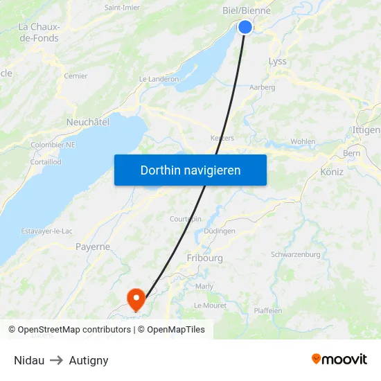 Nidau to Autigny map