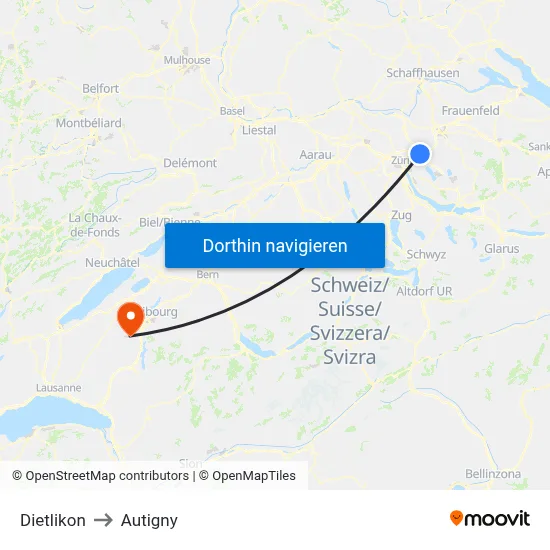 Dietlikon to Autigny map