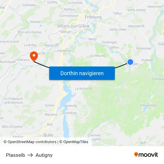 Plasselb to Autigny map
