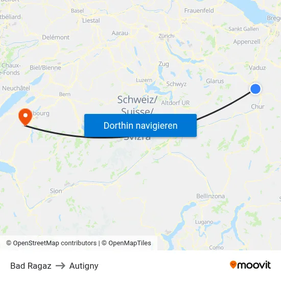 Bad Ragaz to Autigny map