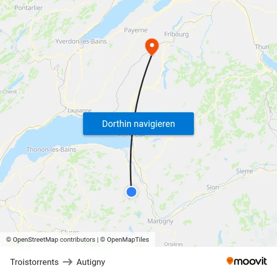 Troistorrents to Autigny map