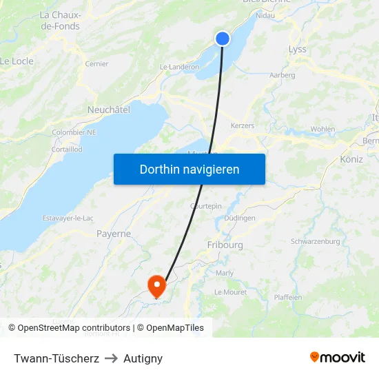 Twann-Tüscherz to Autigny map