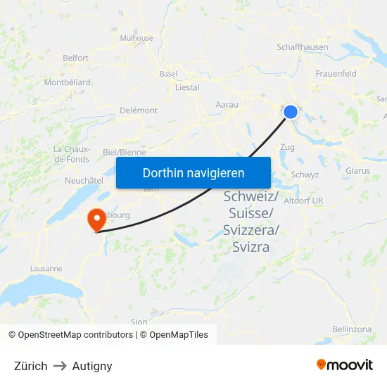 Zürich to Autigny map