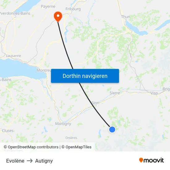 Evolène to Autigny map